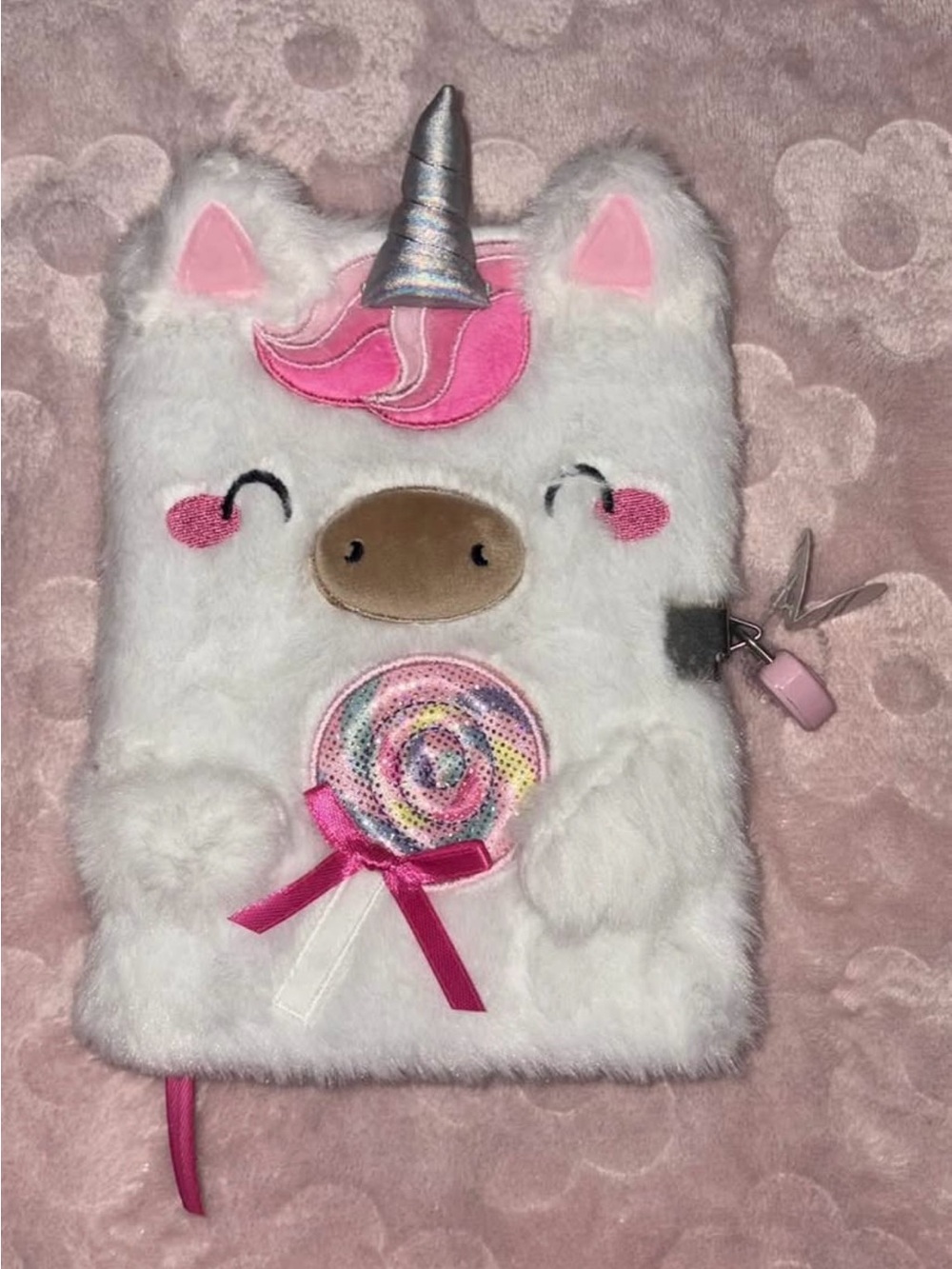Claire’s White Plush Unicorn Kids Journal with Pink Details